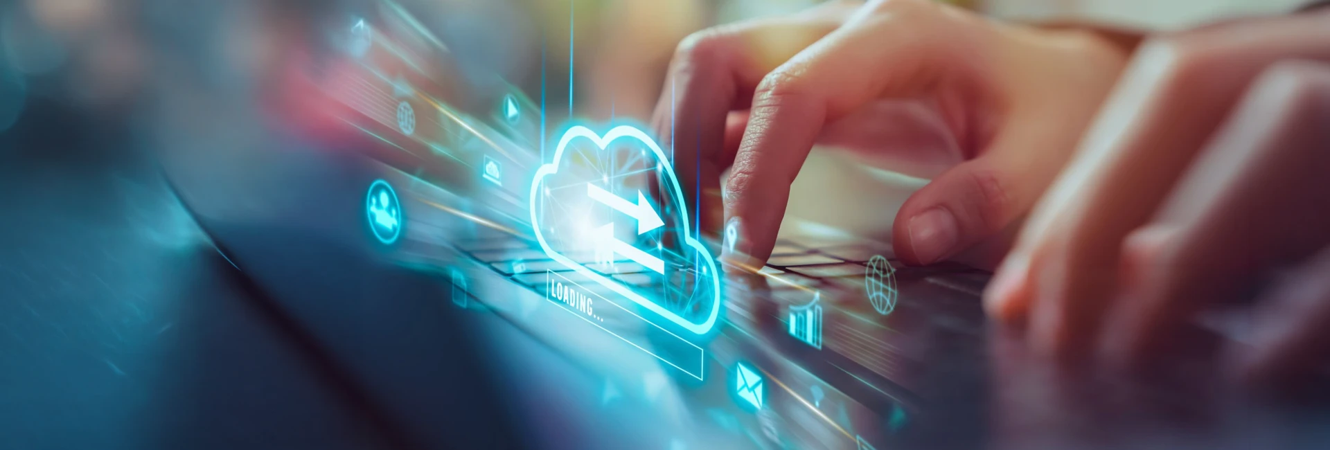 Fingertip on a laptop keyboard with a glowing cloud sync icon and data-transfer graphics overlaid