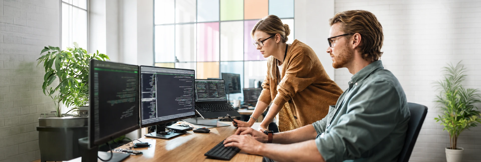 Two developers reviewing code on dual monitors at a wooden desk in a bright loft office