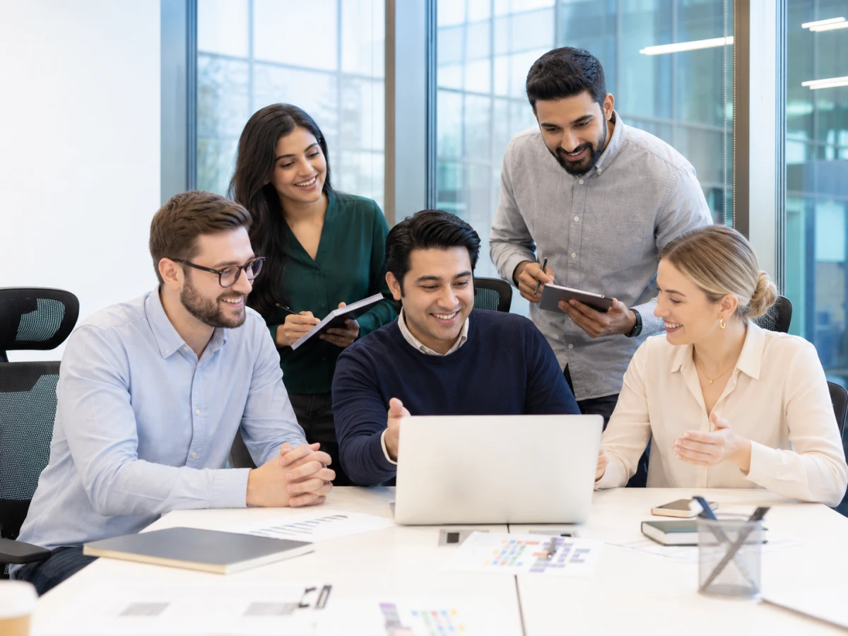 Five colleagues gathered around a laptop in a meeting room, reviewing work together